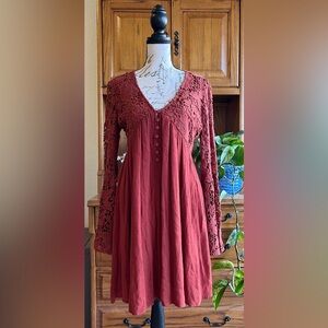 American Rag Lace Crochet Bell Flare Sleeve BoHo Dress in Burnt Sienna- Medium